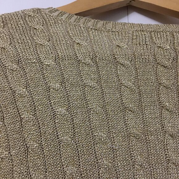 Ralph Lauren Silk Festive Golden Cable Knit V-Neck Sweater - Picture 5 of 13